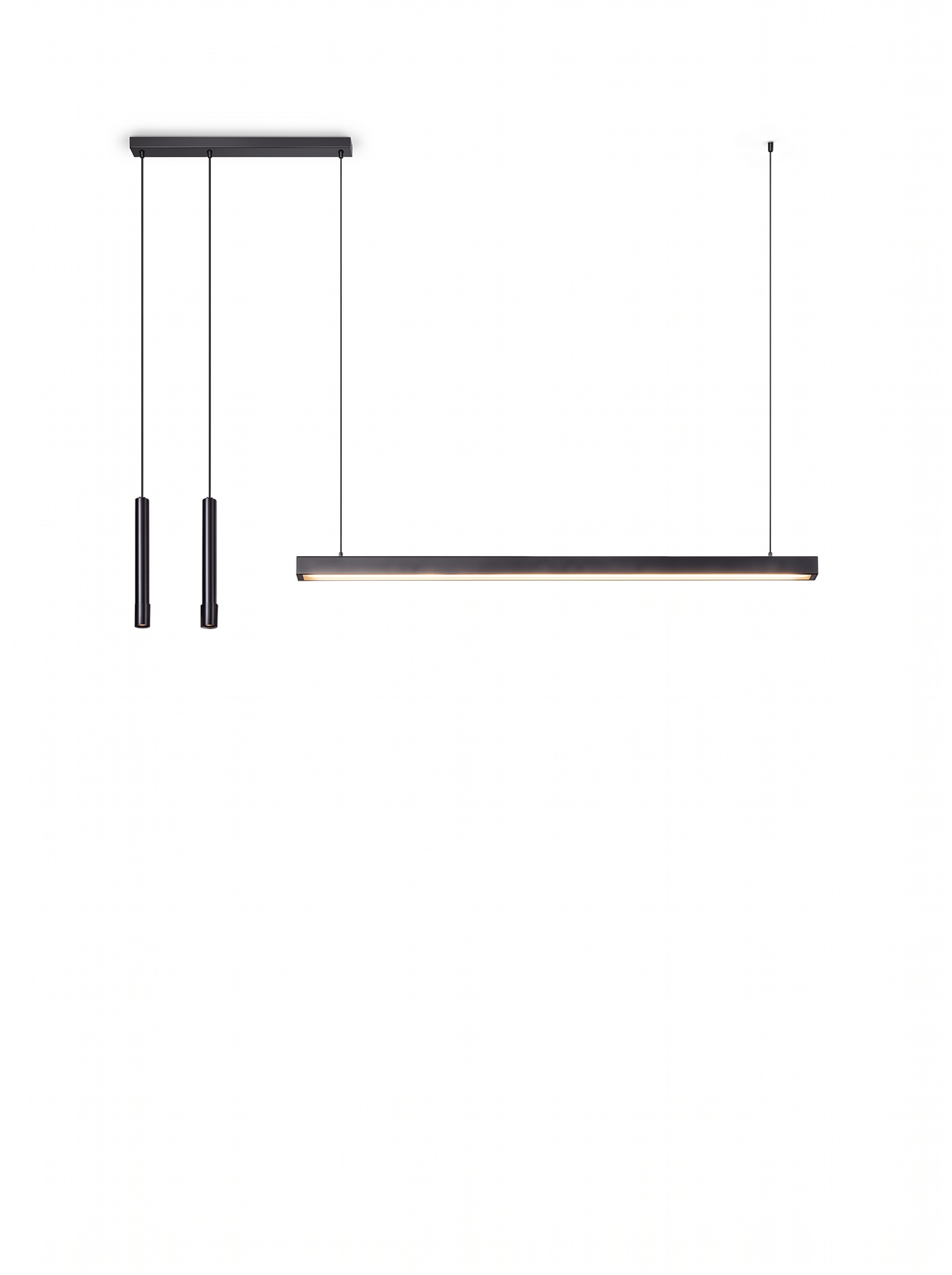 AXIS 02 — lampada completa nera su sfondo bianco, due elementi cilindrici e barra luminosa