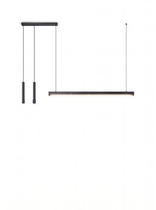 AXIS 02 — lampada completa nera su sfondo bianco, due elementi cilindrici e barra luminosa